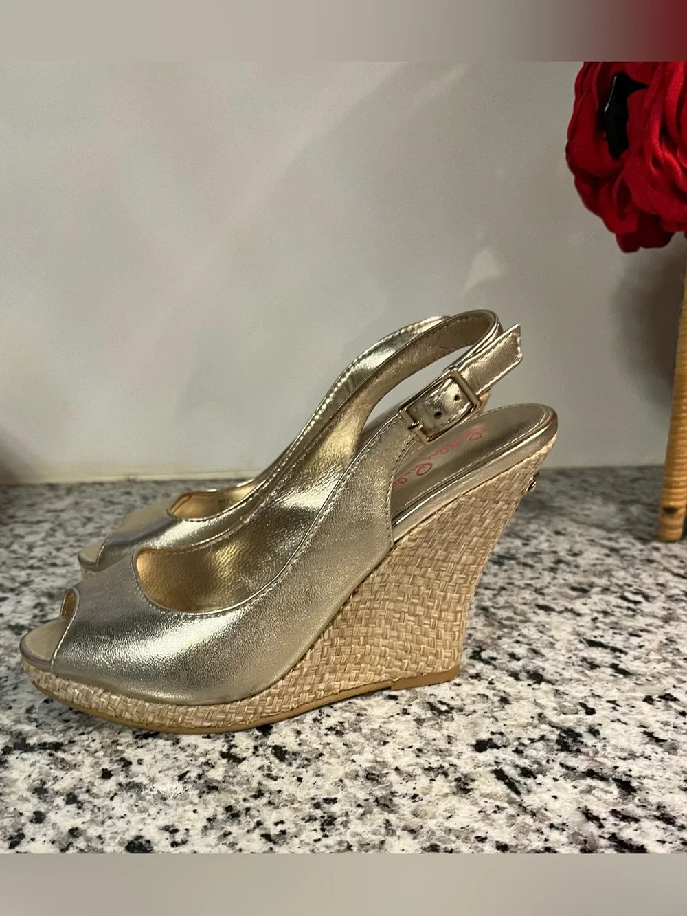Lilly Pulitzer Kristen Gold Sling Back Open Toe Wedge Sandal